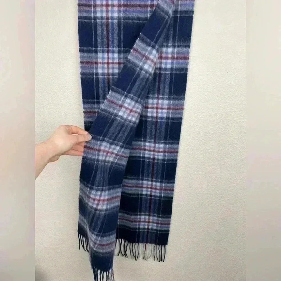 MONOPRIX Unisex One Size 100% Wool Fringe Scarf Blue Plaid Minimalist Essentials - Picture 10 of 13